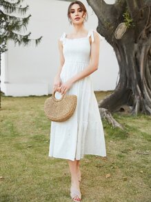 Mulvari 打褶肩部打結荷葉邊網眼刺繡洋装 - 白色 - 查看 5