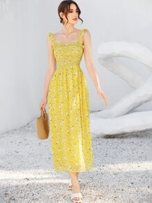 Mulvari Vestido de tirantes floral con fruncido fruncido - Amarillo - Ver 4