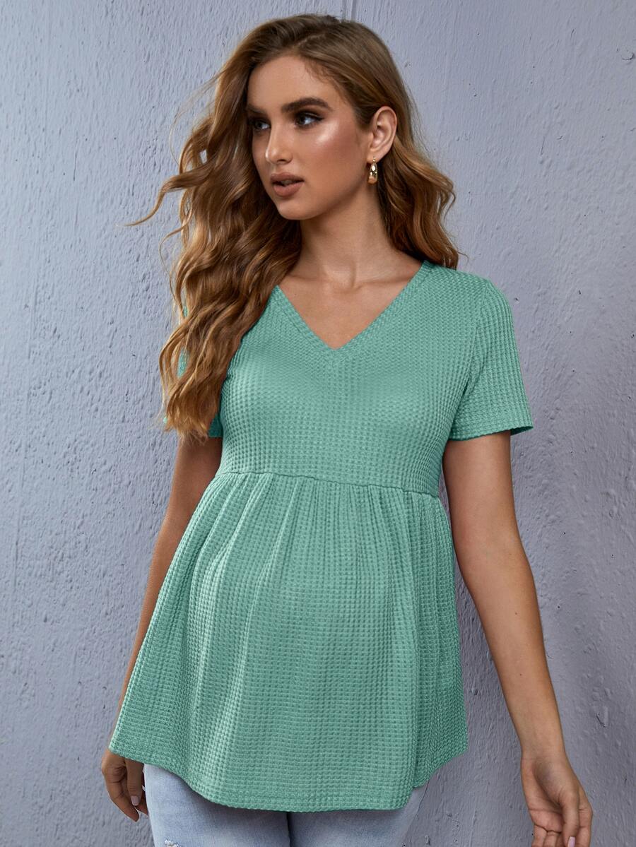 SHEIN Maternity Waffle Knit Peplum Hem Tee - Mint Green - View 1