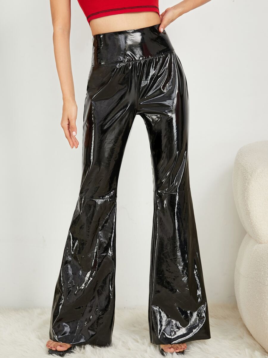 SHEIN BAE High Waist Flare Leg PU Leather Pants - Black - View 1