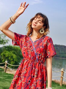 SHEIN Đầm Nghề thêu Viên lá sen Trọn gói Hoa Boho - Nhiều màu - Xem 4