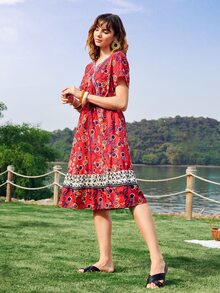 SHEIN Đầm Nghề thêu Viên lá sen Trọn gói Hoa Boho - Nhiều màu - Xem 6