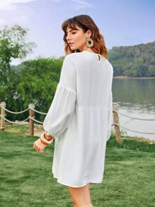 SHEIN Unity 1入組幾何刺繡燈籠袖娃娃裙 - 白色 - 查看 2