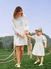 SHEIN Unity 1入組幾何刺繡燈籠袖娃娃裙 - 白色 - 查看 3