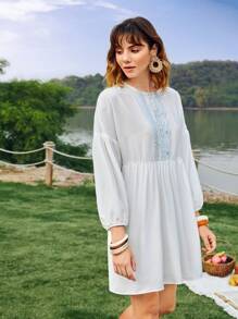 SHEIN Unity 1入組幾何刺繡燈籠袖娃娃裙 - 白色 - 查看 5