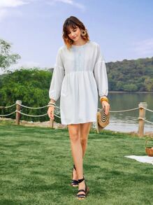 SHEIN Unity 1入組幾何刺繡燈籠袖娃娃裙 - 白色 - 查看 7