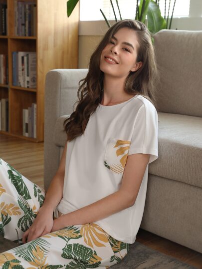 SHEIN Unity Tropical Print Patch Pocket Sleep Tee