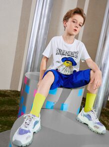 SHEIN Boys Slogan & Cartoon Graphic Tee And Shorts Set - Blue and White - View 3