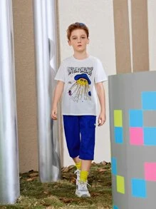 SHEIN Boys Slogan & Cartoon Graphic Tee And Shorts Set - Blue and White - View 9