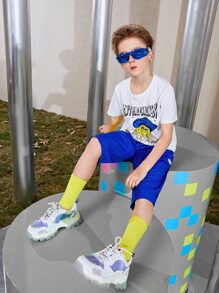 SHEIN Boys Slogan & Cartoon Graphic Tee And Shorts Set - Blue and White - View 6