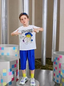 SHEIN Boys Slogan & Cartoon Graphic Tee And Shorts Set - Blue and White - View 7