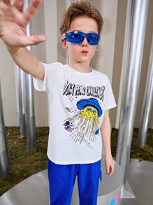SHEIN Boys Slogan & Cartoon Graphic Tee And Shorts Set - Blue and White - View 4
