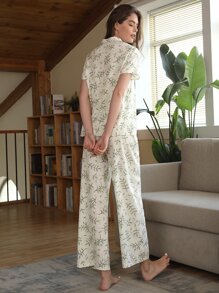 SHEIN Unity Notched Neck Plants Print Top & Trousers PJ Set - Multicolor - View 2