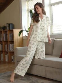 SHEIN Unity Notched Neck Plants Print Top & Trousers PJ Set - Multicolor - View 4
