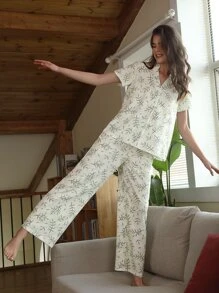 SHEIN Unity Notched Neck Plants Print Top & Trousers PJ Set - Multicolor - View 5