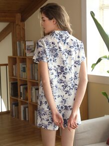 SHEIN Unity Floral Print Notch Neck PJ Set - Blue and White - View 2
