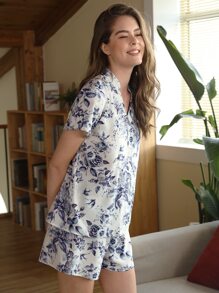 SHEIN Unity Floral Print Notch Neck PJ Set - Blue and White - View 4