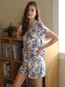 SHEIN Unity Floral Print Notch Neck PJ Set - Blue and White - View 7