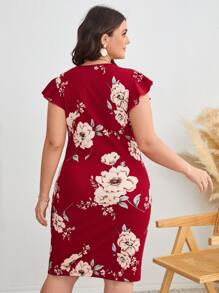 SHEIN Clasi 大碼印花深V領荷葉邊緊身連衣裙 - 酒紅色 - 查看 2