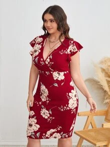 SHEIN Clasi 大碼印花深V領荷葉邊緊身連衣裙 - 酒紅色 - 查看 5