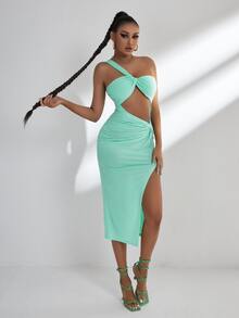 SHEIN SXY Đầm Cắt ra xoắn lại Tách cao màu trơn Gợi cảm - Màu xanh Bạc hà - Xem 3