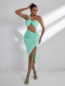 SHEIN SXY Đầm Cắt ra xoắn lại Tách cao màu trơn Gợi cảm - Màu xanh Bạc hà - Xem 4