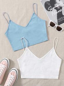 SHEIN EZwear Áo hai dây Plus Size màu trơn Giải trí - Xanh và trắng - Xem 4
