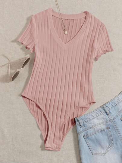 Plus Ribbed Knit Lettuce Trim Bodysuit