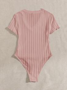 SHEIN EZwear Plus Ribbed Knit Lettuce Trim Bodysuit - Dusty Pink - View 2