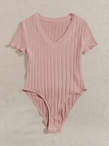 SHEIN EZwear Plus Ribbed Knit Lettuce Trim Bodysuit - Dusty Pink - View 3
