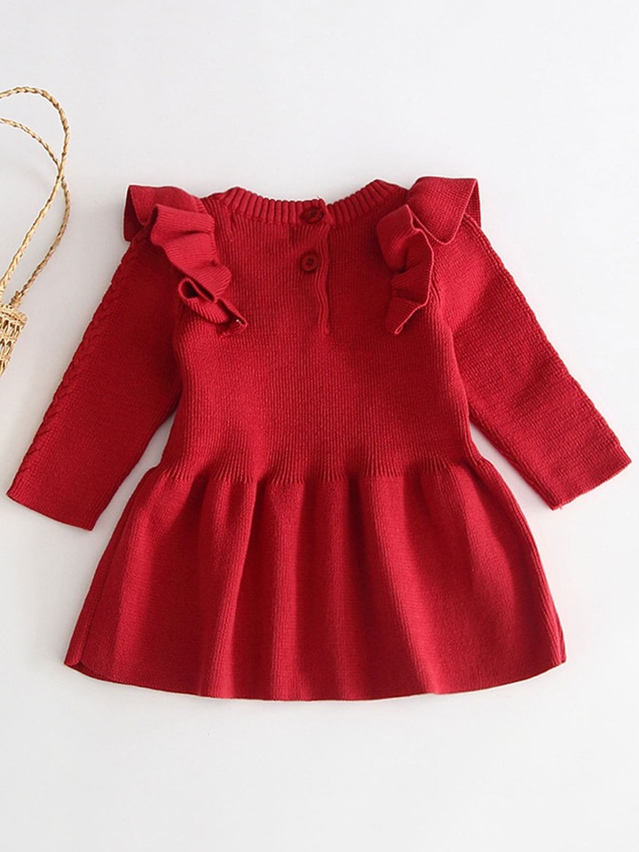 Baby Cable Knit Ruffle Trim Smock Sweater Dress SHEIN