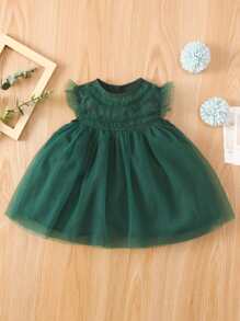 Baby Mesh Panel Zip Back Smock Dress - Dark Green - View 1