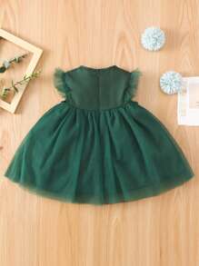 Baby Mesh Panel Zip Back Smock Dress - Dark Green - View 2