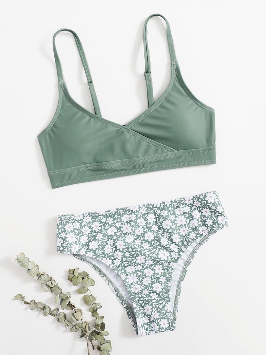 少女花卉印花比基尼套装 夏日海滩 - 青碧色 - 查看 1