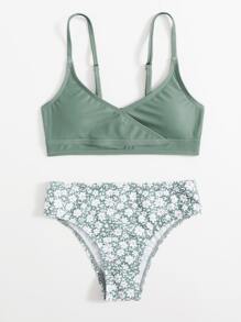 少女花卉印花比基尼套装 夏日海滩 - 青碧色 - 查看 5