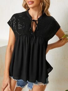 Áo sơ mi nữ ghép mộng kim sa Thắt nút Viên lá sen màu trơn Boho - màu đen - Xem 1