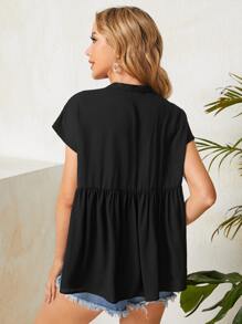 Áo sơ mi nữ ghép mộng kim sa Thắt nút Viên lá sen màu trơn Boho - màu đen - Xem 2