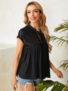 Áo sơ mi nữ ghép mộng kim sa Thắt nút Viên lá sen màu trơn Boho - màu đen - Xem 3