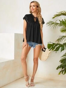 Áo sơ mi nữ ghép mộng kim sa Thắt nút Viên lá sen màu trơn Boho - màu đen - Xem 4