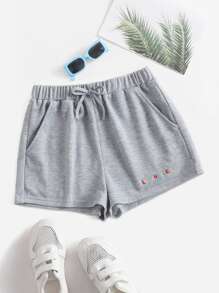 SHEIN 女孩字母刺繡前繫帶短褲 - 淺灰色 - 查看 1