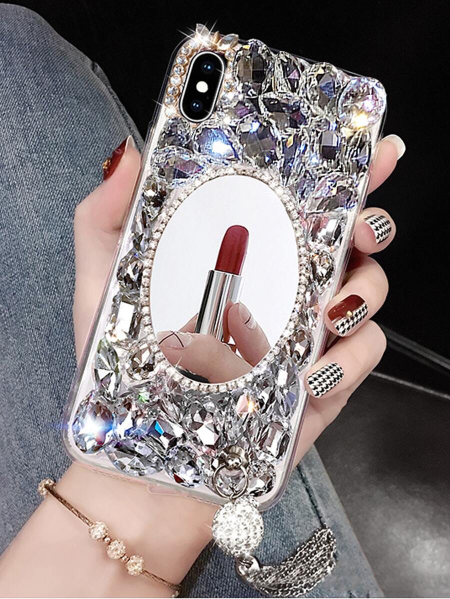 Mặt dây chuyền thạch cao hình bầu dục đính đá Rhinestone sang trọng tương thích với iPhone 17 Pro Max, Apple 16 Plus, Ốp lưng điện thoại - Bạc - Xem 1