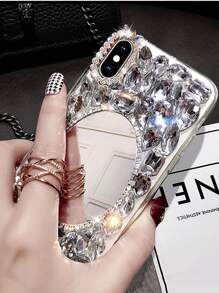 Mặt dây chuyền thạch cao hình bầu dục đính đá Rhinestone sang trọng tương thích với iPhone 17 Pro Max, Apple 16 Plus, Ốp lưng điện thoại - Bạc - Xem 3