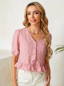SHEIN Puff Sleeve Button Front Peplum Blouse - Dusty Pink - View 1