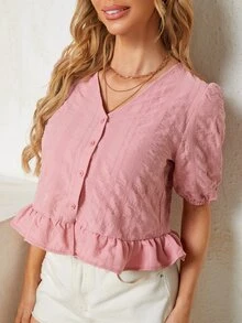 SHEIN Puff Sleeve Button Front Peplum Blouse - Dusty Pink - View 5