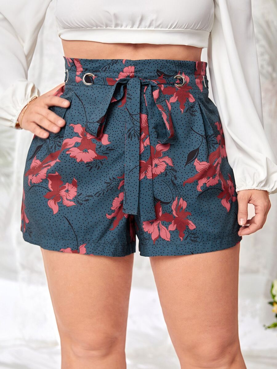 SHEIN LUNE 大碼印花附腰帶短褲 - 藏蓝色 - 查看 1
