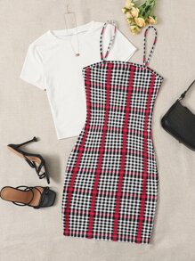 SHEIN Privé 圓領T恤和千鳥格印花緊身吊帶連衣裙 - 彩色 - 查看 1