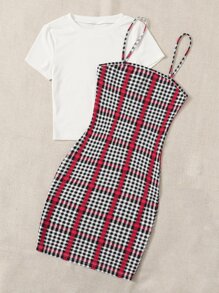 SHEIN Privé 圓領T恤和千鳥格印花緊身吊帶連衣裙 - 彩色 - 查看 4