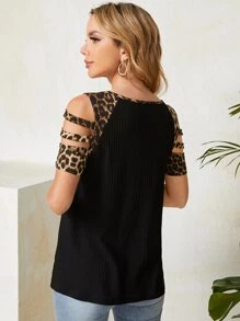 SHEIN LUNE Áo thun nữ Cắt ra Nhẫn Dây kéo Báo Giải trí - màu đen - Xem 2