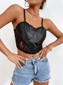 SHEIN Privé Contrast Lace Zip Back Satin Cami Top - Black - View 1