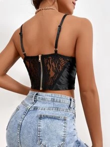 SHEIN Privé Contrast Lace Zip Back Satin Cami Top - Black - View 2